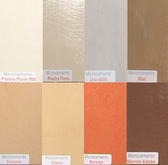 Microcemento color naranja, durazno, crema, miel, uva, piedra paris y marrón adobe.